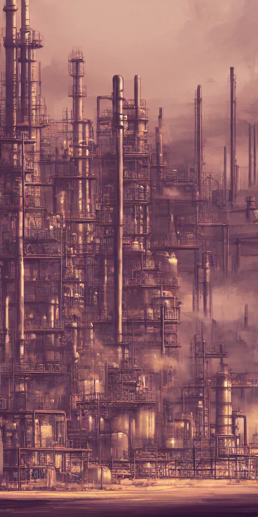 Prompt: large oil refinery in the desert, fire, dust storm, futuristic, cyberpunk theme, high detail, trending on art station