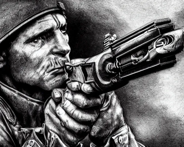 Image similar to A soldier aiming a gun with a hateful face, world war 1, close-up, realistic face, beautiful face detail, mature facial features, black and white, amazing digital art, hyper detailed, artstation, in the style of Tony Sart