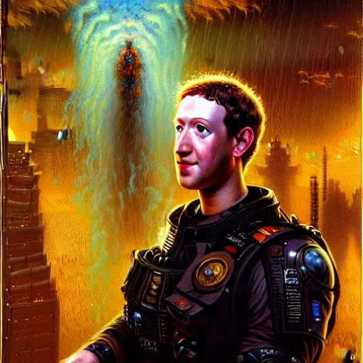 Image similar to portrait of a mark zuckerberg. shadowrun furaffiniy cyberpunk fantasy highly detailed painting by gaston bussiere craig mullins jc leyendecker gustav klimt artgerm greg rutkowski john berkey, bergey, craig mullins, ruan jia, raymond swanland, jeremy mann, tom lovell, alex malveda