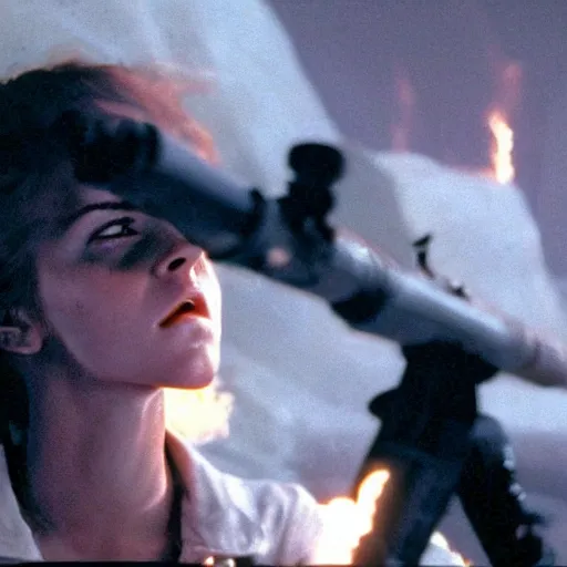 Image similar to film still of Emma Watson holding a flamethrower in Alien 1979, 4k