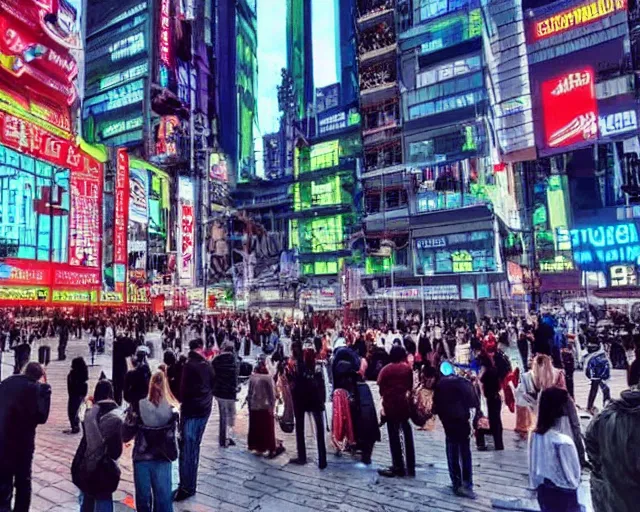 Prompt: a group of people standing in a busy cyberpunk city square, masterpiece!!