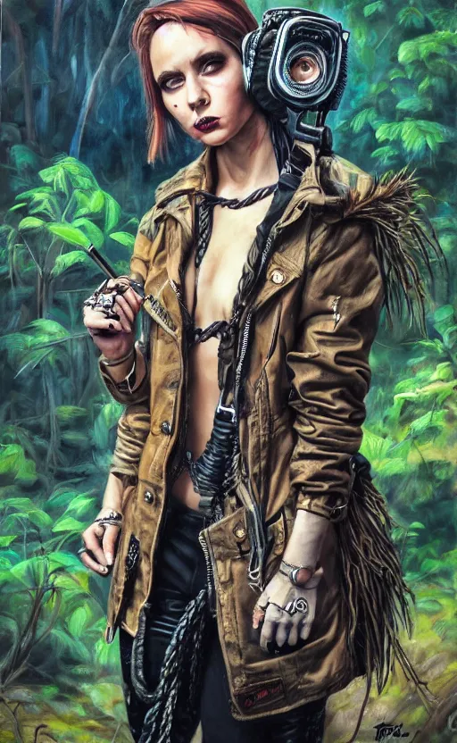 Image similar to cute punk rock girl making selfie in jungles, mad max jacket, renaissance, cables on her body, hyper realistic style, oil painting, fantasy by Olga Fedorova