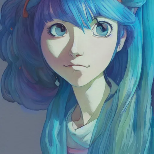 Image similar to a wholesome animation key shot of a blue haired girl with a raccoon tail, studio ghibli, pixar and disney animation, sharp, disney concept art watercolor illustration by mandy jurgens and alphonse mucha and alena aenami, pastel color palette, dramatic lighting