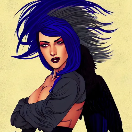 Image similar to a stunning upper body portrait of a beautiful woman with raven blue hair blowing in the wind by marvel comics, digital art, trending on artstation