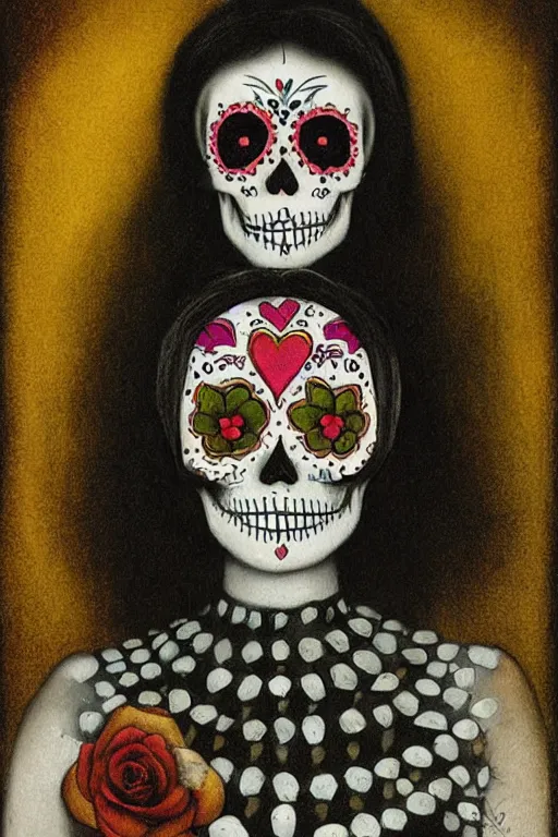 Image similar to illustration of a sugar skull day of the dead girl, art by michael sowa