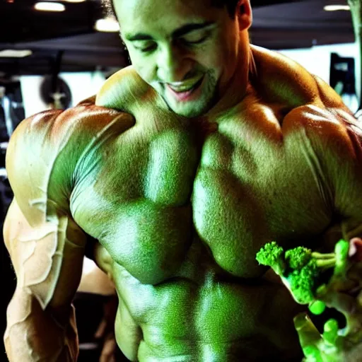 Image similar to a posing bodybuilder made entirely from broccoli