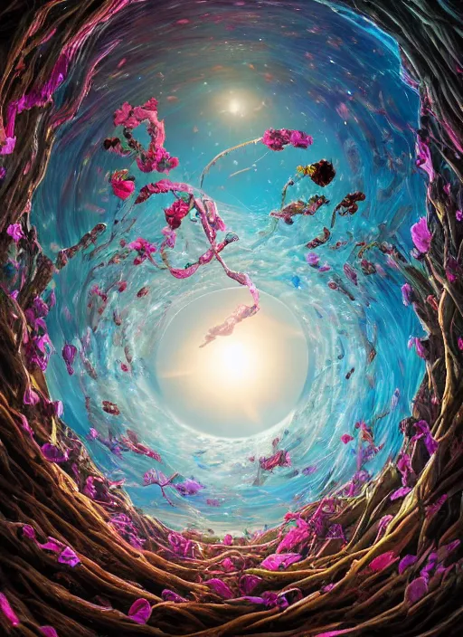 Image similar to An epic fantastic realism comic book style painting of the most beautiful spiraling entwined flowers launched exquisitely across the dark spinning universe, floating bouquets, fisheye, suns crashing into each other, unreal 5, DAZ, hyperrealistic, octane render, dynamic lighting