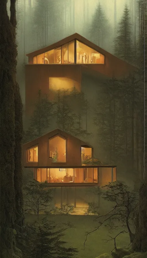 Image similar to cozy ultra modern home in the woods moody lighting, highly detailed, painting by zdzisław beksinski and norman rockwell and greg rutkowskiweta studio, and lucasfilm