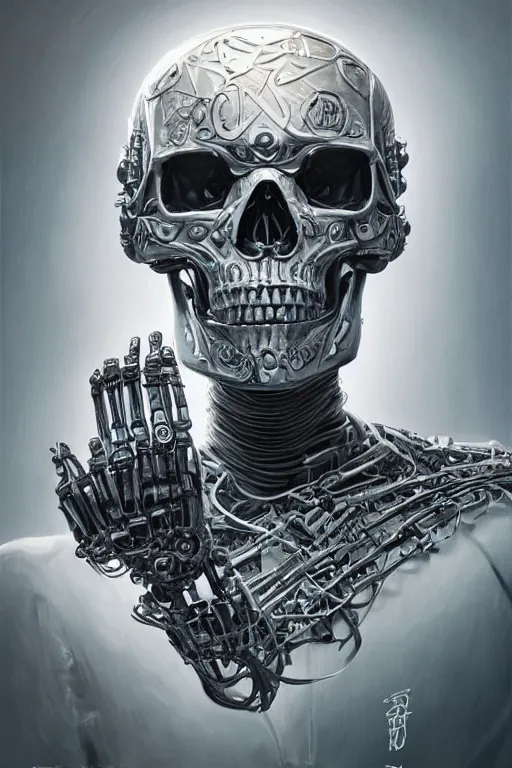 Prompt: Ultra realistic illustration of a robot sitting holding a human skull in it's hands, rune-engraved armor, cyberpunk, sci-fi, fantasy, intricate, elegant, highly detailed, digital painting, artstation, concept art, smooth, 8k octane render, extremely hyperdetailed, intricate complexity, sharp focus, illustration, art by artgerm and greg rutkowski and beeple