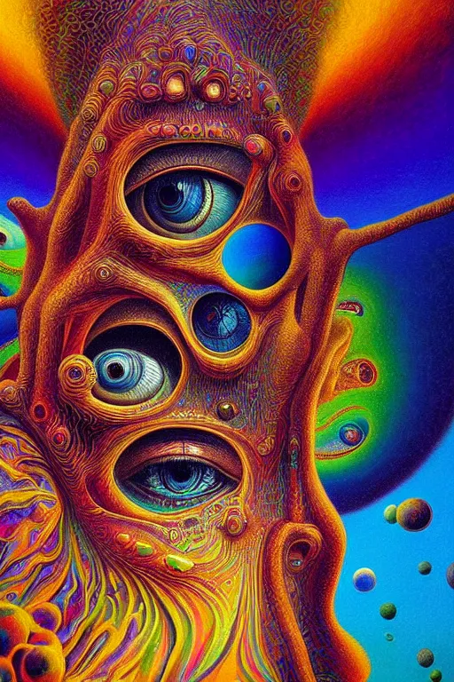 Image similar to hyperrealistic abstract close-up Renaissance psychedelic!! celestial happy! pure creature!! peaceful! kind spirit of nature! beautiful fractal!! eyes! highly detailed concept art eric zener elson peter cinematic hard rainbow lighting high angle hd 8k sharp shallow depth of field endless, inspired by Zdzisław Beksiński Salvador Dali