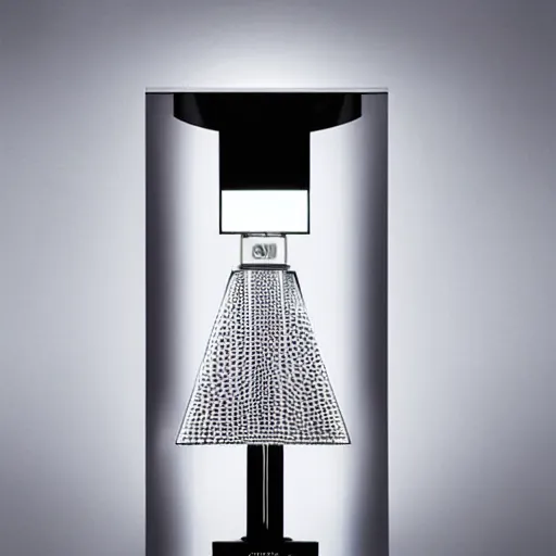 Image similar to a table lamp designed by armani in the shape of perfume, advertising photography