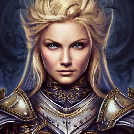 Prompt: head-on centered symmetrical painted portrait, Elisha Cuthbert as a paladin, blonde hair, ornate iron armour, dramatic lighting, intricate, fantasy, intricate, elegant, highly detailed, digital painting, smooth, sharp focus, illustration, dramatic lighting, artstation, in the style of Artgerm and Anna Podedworna