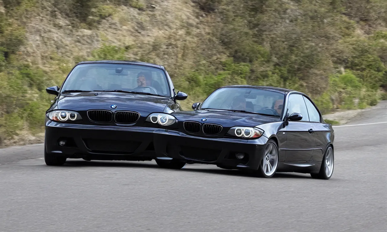 Prompt: beautiful black bmw 2 0 0 3 driving on the road uhd 4 k colors