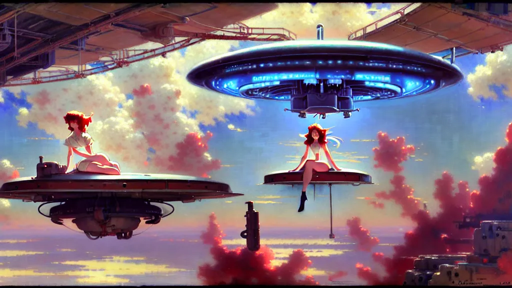 Image similar to a film still of a 1 9 5 0's mechanic anime girl sitting on top of flying ufo landing in hangar of giant ufo spaceship, trending on pixiv fanbox, painted by gaston bussiere, makoto shinkai, akihiko yoshida, gaston bussiere, craig mullins