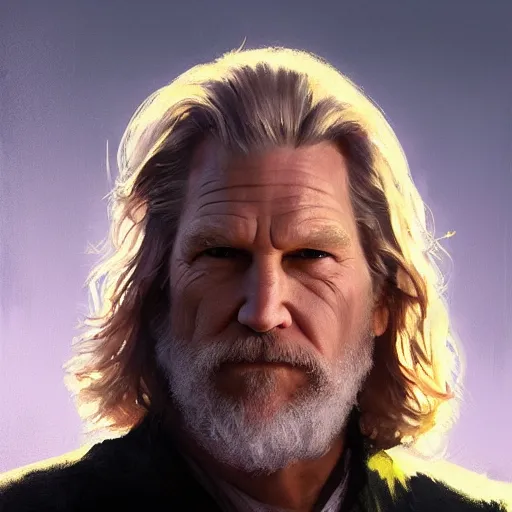 Image similar to closeup portrait of jeff bridges as the dude, dramatic lighting, city background, chiaroscuro, high detail, painted by greg rutkowski, painted by igor kieryluk, painted by bobby chiu, trending on artstation