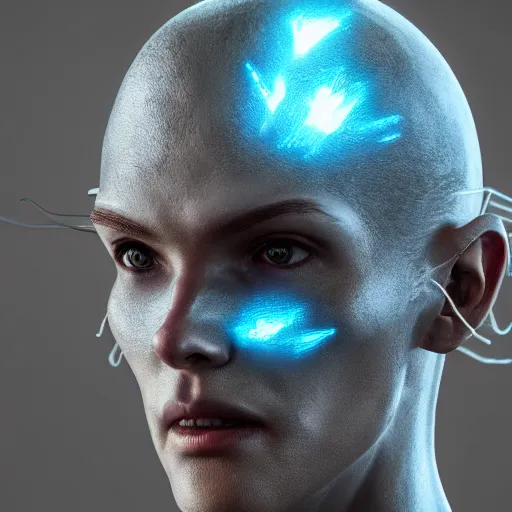 Image similar to photography of a hyper realistic highly detailed stunning humanoid creature, controls complex and highly detailed blue lightning storms as a super power. professionnal digital art, artstatiom, stuning, intricate, complex, unreal engine 5.