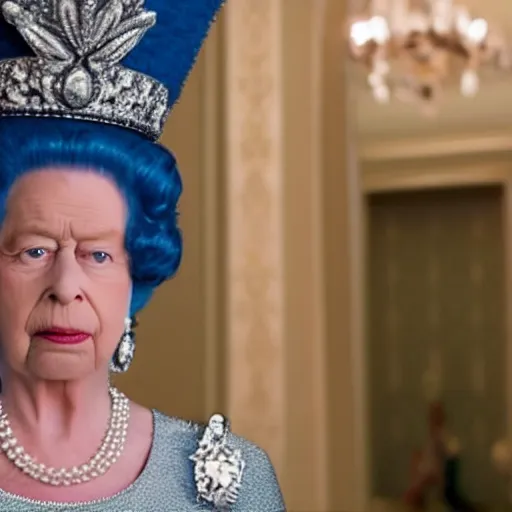 Prompt: movie still of marge simpson as the queen of england