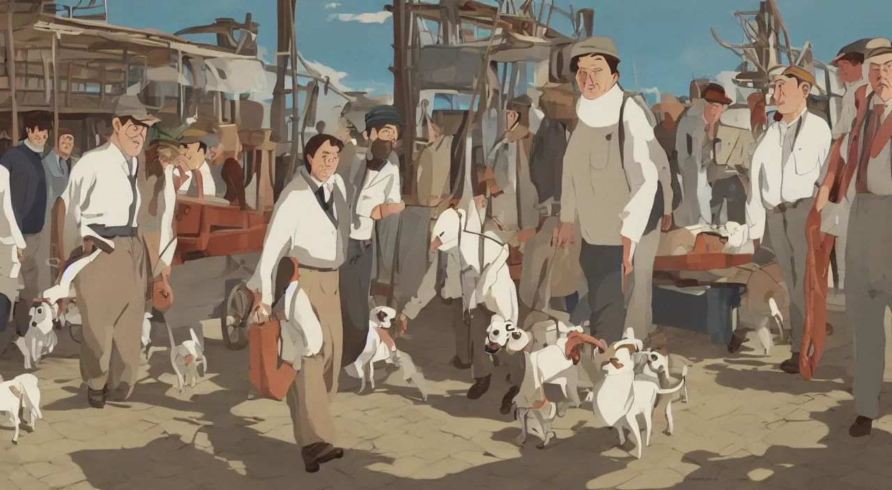 Prompt: ernest shackleton in a crisp white linen shirt and slacks, loading a cart with sausages and hams, havanese dogs running around the cart, cuba, 1 9 0 0, genndy tartakovsky, atey ghailan, goro fujita, studio ghibli, rim light, late morning lighting, clear focus, very coherent