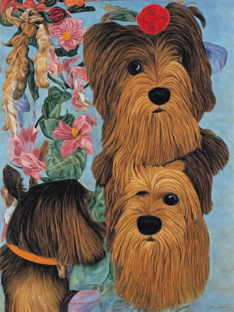 Image similar to portrait of a cream colored havanese dog as with a unibrow, surreal background, by frida kahlo