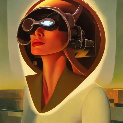 Prompt: detailed face of a woman, clockwork woman, moment, tectonic sky, skydome, bullet train, turbines, tech noir, wet reflections, prism, atmospheric, ambient, pj crook, syd mead, livia prima, greg rutkowski, edward hopper