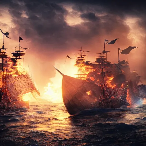 Image similar to An Epic viking sea battle at night, fire and smoke, realistic 4k octane beautifully detailed render, 4k post-processing, highly detailed, intricate complexity, epic composition, magical atmosphere, cinematic lighting, masterpiece, ultra hd