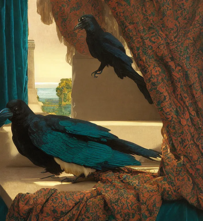 Image similar to a beautifully weird funny cheeky photoreal clear detailed victorian portrait of a close up raven on a victorian windowsill with an ornate velvet dark teal curtain at beautiful sunset daytime nature sunlit painting by frederic leighton and turner and morris and rosetti, 8 k, octane render