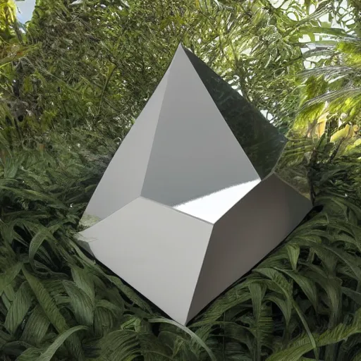 Image similar to peter tarka, minimalistic, hyperrealistic surrealism, award winning masterpiece with incredible details, epic stunning, a highly reflective chrome octahedron in a tropical greenhouse, highly detailed, trending on ArtStation, artgerm and greg rutkowski and alphonse mucha, daily deviation, IAMAG