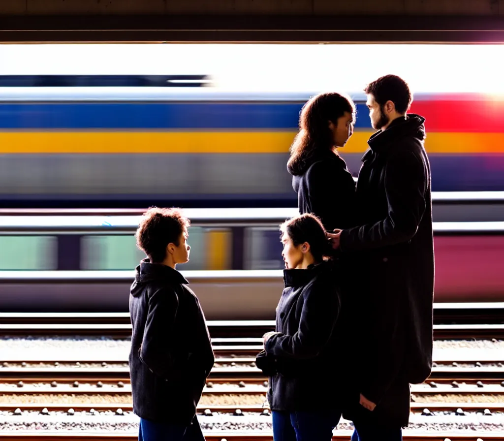 Prompt: A man and a woman wait for a train on a platform back to the camera, hugging, trains in the background, morning hard light, photorealistic, high quality photography