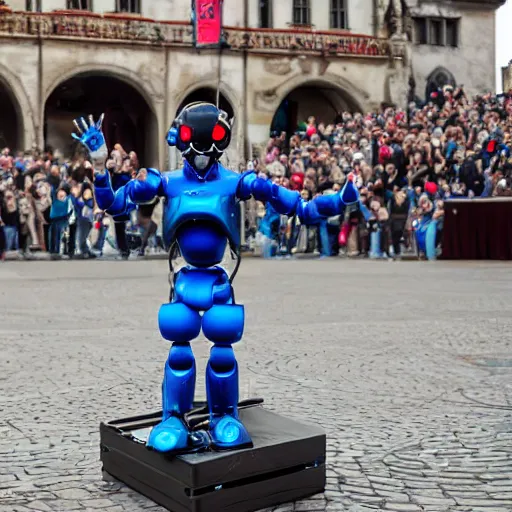 Image similar to a futuristic cyberpunk jester robot entertaining a crowd on a small box in the middle of the city square