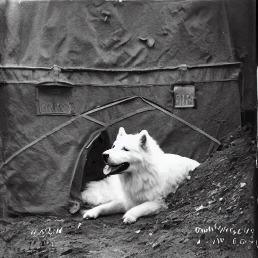 Prompt: a samoyed dog wearing a ww1 soldier helmet in a ww1 trench, grainy photo