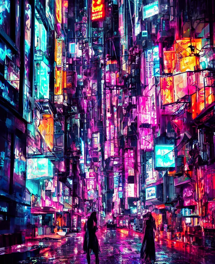 Image similar to cyberpunk city at night, night clubs and neons, rain, camera high, girl under lantern, by Sean Foley