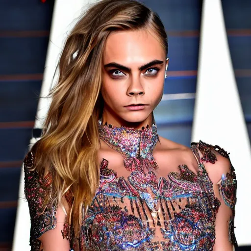 Image similar to Super model Cara delevingne wearing a gown made of flowing plasma ultra high quality extremely intricacies in the level of detail photorealism 8k very beautifully designed