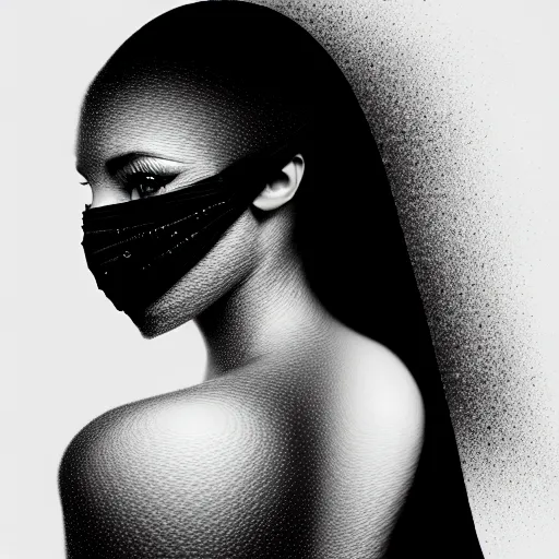 Prompt: portrait of a young beautiful woman with a mask. contemporary photograph and speed painting and fractal and mandelbulb and lines and scribble art. black and white. intricate, elegant, super highly detailed, professional digital painting, artstation, concept art, smooth, sharp focus, no blur, no dof, extreme illustration, Unreal Engine 5, Photorealism, HD quality, 8k resolution, cinema 4d, 3D, beautiful, cinematic, art by artgerm and greg rutkowski and alphonse mucha and loish and WLOP.