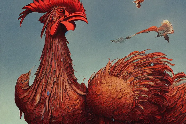 Image similar to digital painting of an ominous mechanical rooster with huge beak and talons, by wayne barlowe and bob pepper, highly detailed, intricate, sharp focus, portrait, talons, anatomy, studio ghibli color scheme, dieselpunk, retrofuturism