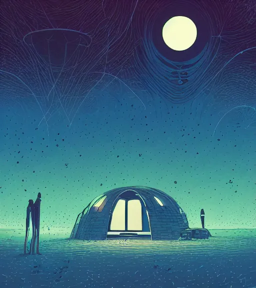 Prompt: kilian eng illustration of a white bioremediation architecute in the atacama desert filled with stars at night, hazy and misty, magical feeling, uhd, high detail, by kilian eng