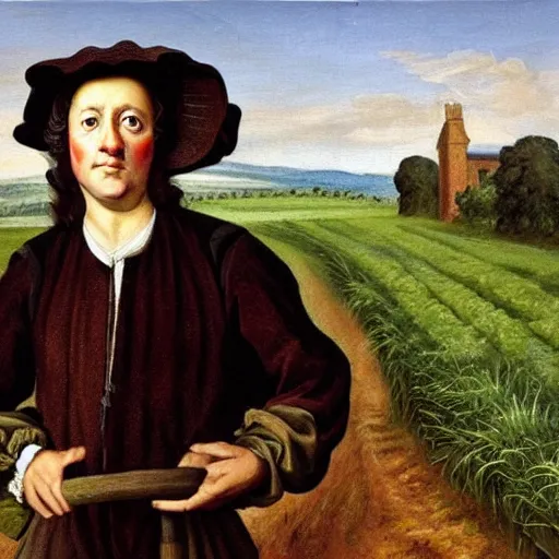 Prompt: david cameron as a 1 7 th century peasant workingin the fields, painting, restored, 1 7 th century art, very detailed painting