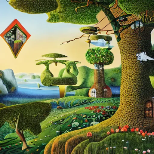 Prompt: a magical realism landscape in wonderland with house and trees by jacek yerka and salvador dali, detailed matte painting, 8 k resolution