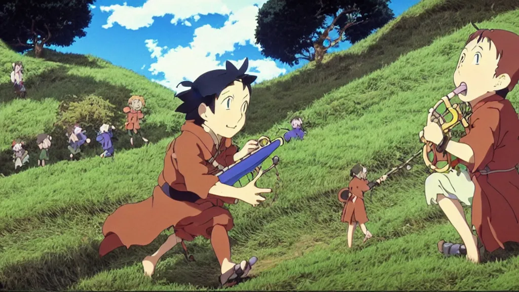 Image similar to pied piper luring children up a hill by playing his pipe, anime film still from the an anime directed by katsuhiro otomo with art direction by salvador dali, wide lens