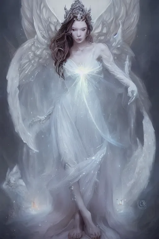 Prompt: beautiful ghost model wearing crystal white dress, holding book, rest face expression, diamonds, angel, fantasy, dramatic lighting, highly detailed, digital painting, magic the gathering, hyper detailed, 3 d render, hyper realistic detailed portrait, peter mohrbacher, wlop, ruan jia