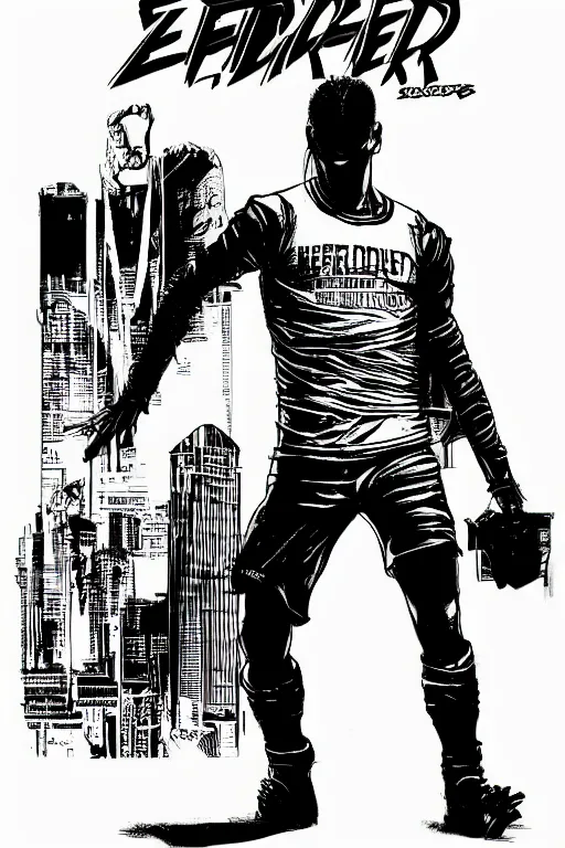 Image similar to jamie vardy as an edgerunner, standing heroically, a page from cyberpunk 2 0 2 0, style of paolo parente, style of mike jackson, adam smasher, johnny silverhand, 1 9 9 0 s comic book style, white background, ink drawing, black and white