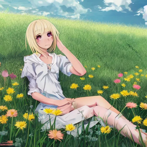 Prompt: beautiful anime transgender blonde girl sitting in a field full of flowers, highly detailed, realistic, dynamic lighting, cinematic, masterpiece, trending on artstation,-W 768