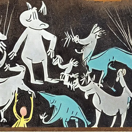 Image similar to the moomins, prehistoric cave painting