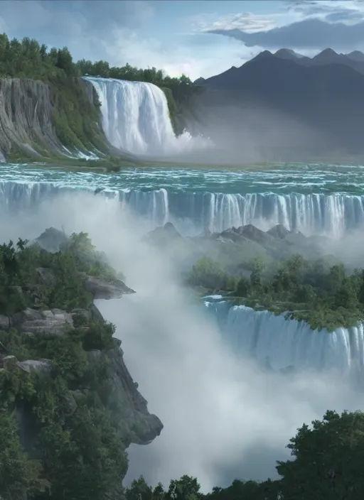 Prompt: cascade of multiple gigantic niagara falls, epic mountains in the background, early dawn, fantasy illustration, matte painting, concept art, volumetric lighting, volumetric atmosphere, morning mist, art by james gurney, unreal engine 5, 8 k