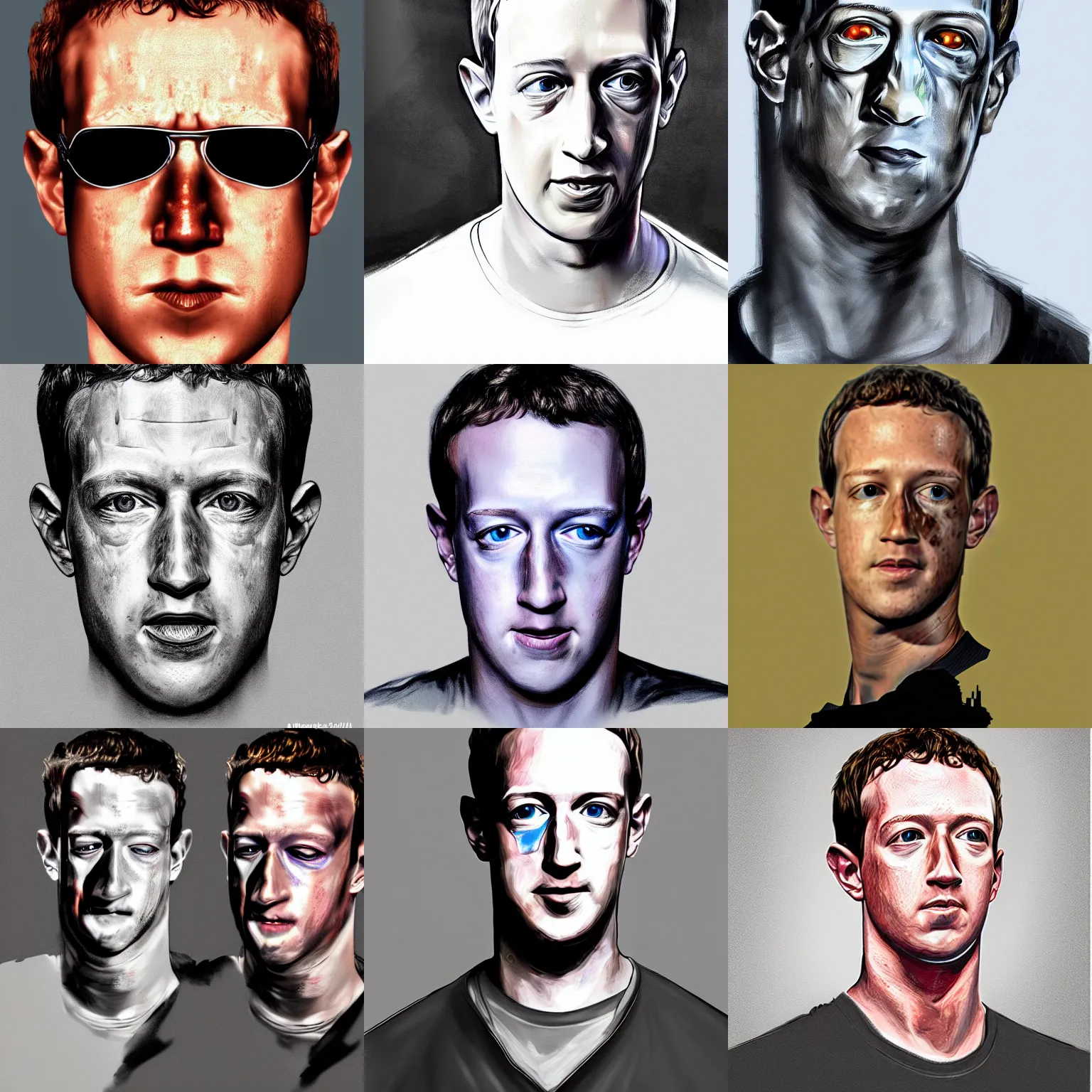 Prompt: concept art portrait , cell shaded, terminator 2 , mark zuckerberg as terminator