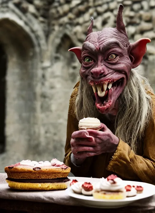 Image similar to closeup portrait of a medieval goblin eating cakes in the cloisters, depth of field, zeiss lens, detailed, symmetrical, centered, fashion photoshoot, by Annie Leibovitz and Steve McCurry, David Lazar, Jimmy Nelsson, Breathtaking, 8k resolution, extremely detailed, beautiful, establishing shot, artistic, hyperrealistic, beautiful face, octane render