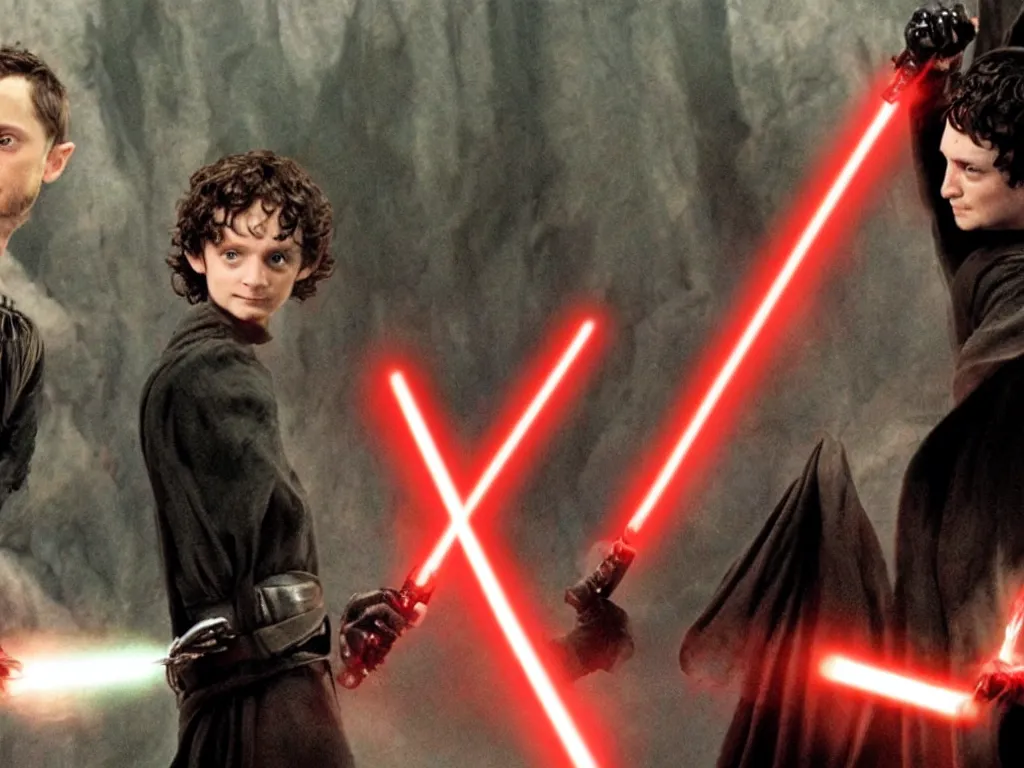 Image similar to Elijah Wood Frodo vs Darth Vader in lightsaber combat