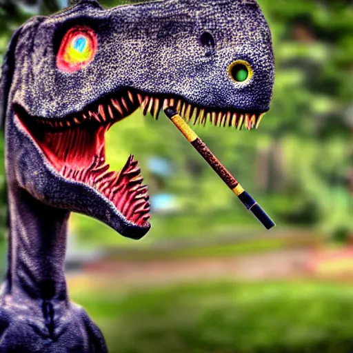 Image similar to dinosaur smoking a cigarette in their mouth realistic hdr professional shot