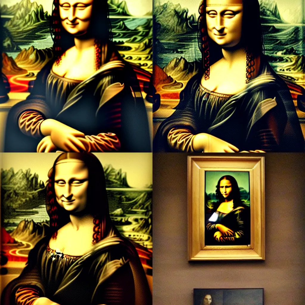 Prompt: La Mona Lisa painting driving a Tesla car