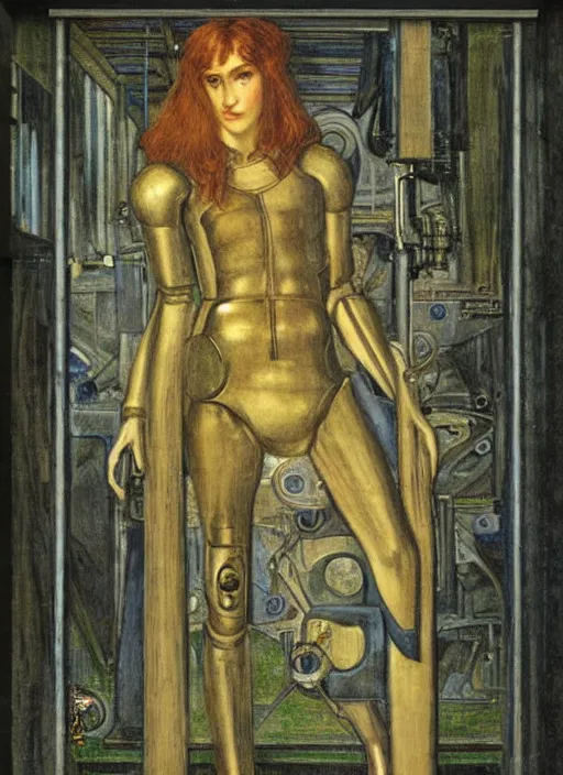 Prompt: a portrait of a robot cyborg by Dante Gabriel Rossetti, pre-raphaelite style