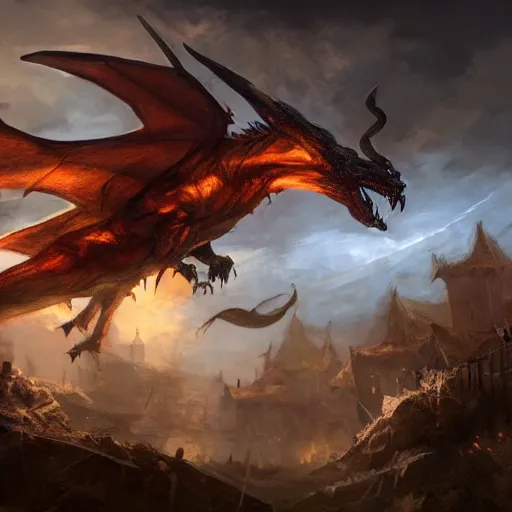 Prompt: wyvern attacking village at night, fantasy art, artstation, dnd, dramatic lighting, concept art, 4 k, hyper realistic